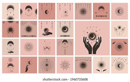 Hand drawn 25 cards of mystical Sun with woman`s face, Moon, star in line art. Spiritual symbol celestial space. Magic talisman, antique style, vintage, tattoo, logo. Vector sketch set illustration