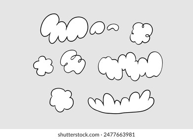 Hand drawn 2D set of clouds volumes Background, Vector Graphics. 