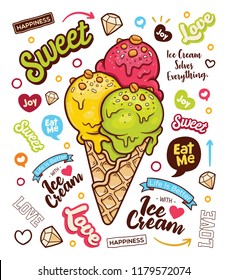 Hand Drawn 3 flavor Ice Cream Cone Doodle Illustrator