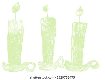 Hand drawn of 3 green candles on white background design for Christmas or Halloweens 