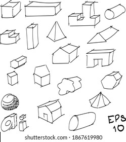 hand drawn 3d and 2d shapes and symbols architectural