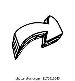 Hand drawn 3D arrow doodle icon. Hand drawn black sketch. Sign symbol. Decoration element. White background. Isolated. Flat design. Vector illustration.