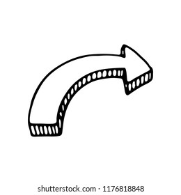 Hand drawn 3D arrow doodle icon. Hand drawn black sketch. Sign symbol. Decoration element. White background. Isolated. Flat design. Vector illustration.