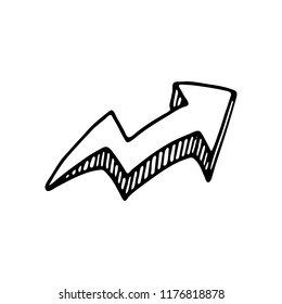 Hand drawn 3D arrow doodle icon. Hand drawn black sketch. Sign symbol. Decoration element. White background. Isolated. Flat design. Vector illustration.