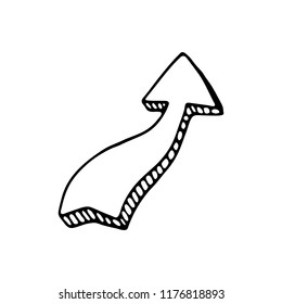 Hand drawn 3D arrow doodle icon. Hand drawn black sketch. Sign symbol. Decoration element. White background. Isolated. Flat design. Vector illustration.