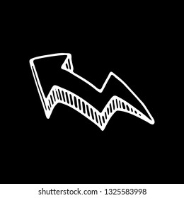 Hand drawn 3D arrow doodle icon. Sketch style. Sign symbol. Decoration element. Isolated on black background. Flat design. Vector illustration.