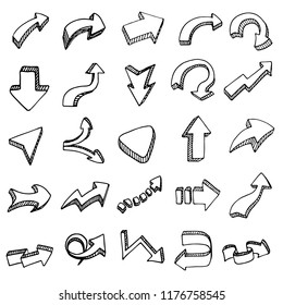 Hand Drawn 3D Arrows Set Doodle Icon. Hand Drawn Black Sketch. Sign Cartoon Symbol. Decoration Element. White Background. Isolated. Flat Design. Vector Illustration.