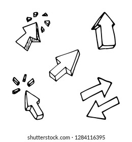Hand drawn 3D arrows set doodle icon. Hand drawn black sketch. Sign cartoon symbol. Decoration element. White background. Isolated. Flat design. Vector illustration.