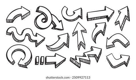 Hand drawn 3D arrows with varied shapes and directions. Vector cartoon illustration