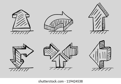 Hand Drawn 3d Arrows Vector Black Icon Set