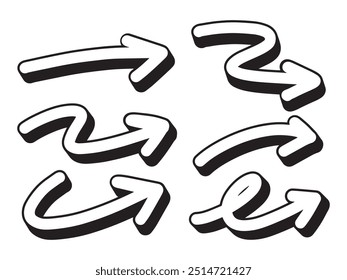 Conjunto de iconos de vector de flecha en negrita 3D dibujado a mano. diseño de flecha de boceto para Plan de negocios y educación