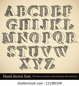 Hand drawn 3d font, vector alphabet vintage style.