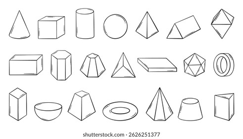 Handgezeichnete geometrische 3D-Formen. Unterschiedliche Geometrieelemente für Unterrichtsmaterialien. Form des volumetrischen Würfels, Ball, Pyramide, Polyeder, neoterischer Vektorsatz