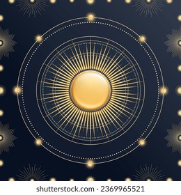 Hand drawn 3d glossy golden Sun, sunburst, starburst, light rays. Bohemian round symbol bursting sun rays. Magic talisman, antique style, boho, logo. ​Vector illustration isolated on blue background