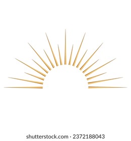 Hand drawn 3d glossy golden Sun, sunburst, starburst, light rays. Bohemian symbol bursting sun rays. Magic talisman, antique style, boho, logo. ​Vector illustration isolated on white background