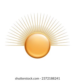 Hand drawn 3d glossy golden Sun, sunburst, starburst, light rays. Bohemian symbol bursting sun rays. Magic talisman, antique style, boho, logo. ​Vector illustration isolated on white background
