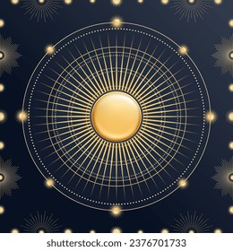 Hand drawn 3d glossy golden Sun, sunburst, starburst, light rays. Bohemian round symbol bursting sun rays. Magic talisman, antique style, boho, logo. ​Vector illustration isolated on blue background