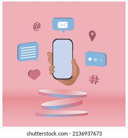 hand drawn 3D illustration of a hand holding phone, with flying notifications and messages, 
vector eps 10