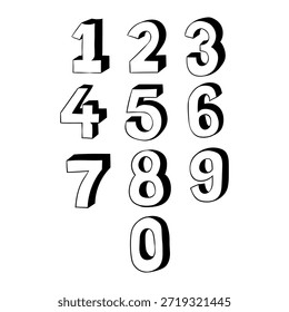 Dibujados a mano números 3D establecidos de 0 a 9 en blanco y negro, números de tipografía de estilo de boceto en negrita.