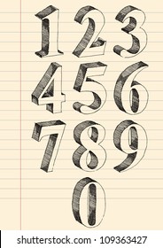 Hand drawn 3d numbers vector set, pen and ink drawing traced.