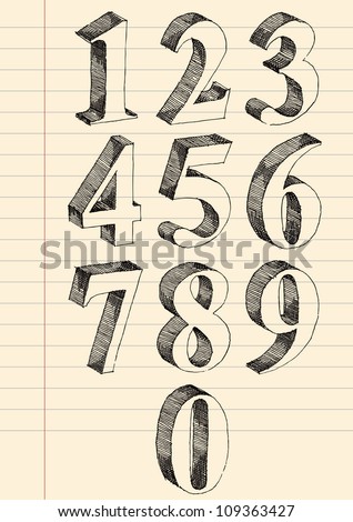 Hand drawn 3d numbers vector set, pen and ink drawing traced.