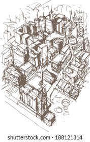 A hand drawn 3d perspective sketch of a fictional city done in brown ink.