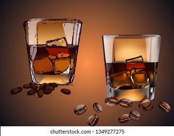 Hand drawn and 3d realistic Glass  of whiskey with ice . Coffee beans