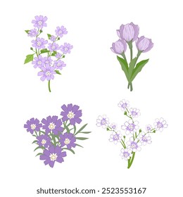 Dibujado a mano 4 conjunto de Elementos de diseño florales púrpuras, flores abstractas, hojas Vector moderno aislado ilustración de arte botánico.