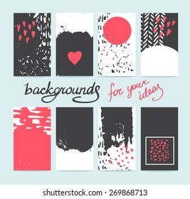 Hand drawn 8 cards with trendy textures. Business card, wedding, marriage, bridal, birthday, Valentine's day. With isolated objects. For your ideas!