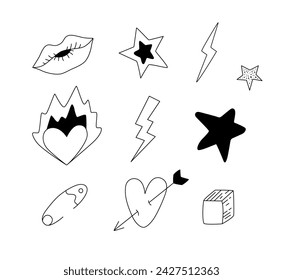 Hand drawn 90s aesthetic doodles set. Stars, hearts, lightning and lips line vector illustration. Teens stuff drawings for sticker, decoration.