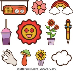 Hand drawn 90's Retro element Clipart collection set.