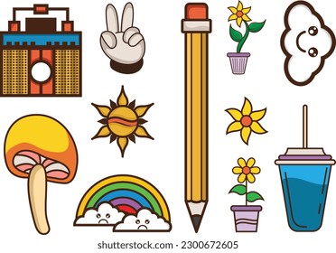 Conjunto de colección Clipart del elemento Retro de 90 dibujado a mano.