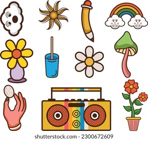 Hand drawn 90's Retro element Clipart collection set.