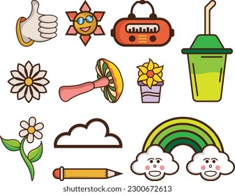 Hand drawn 90's Retro element Clipart collection set.