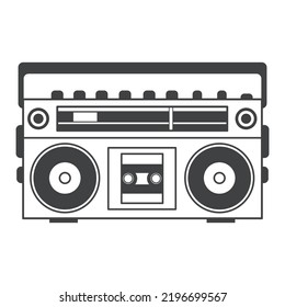 Hand drawn 90s themed badge with boombox player vector illustration.