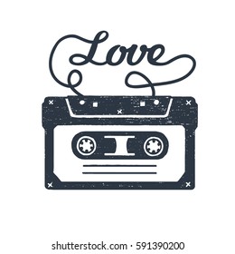 Hand drawn 90s themed badge with cassette tape textured vector illustration and "Love" inspirational lettering.