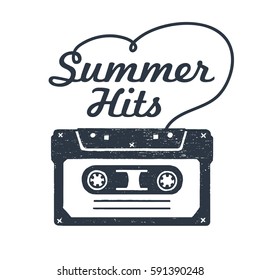 Hand drawn 90s themed badge with cassette tape textured vector illustration and "Summer hits" inspirational lettering.