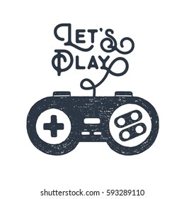 Hand drawn 90s themed badge with gamepad textured vector illustration and "Let's play" inspirational lettering.