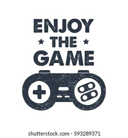 Hand drawn 90s themed badge with gamepad textured vector illustration and "Enjoy the game" inspirational lettering.