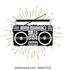 Hand drawn 90s themed badge with boombox player vector illustration.