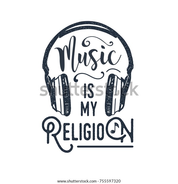 ヘッドフォンのベクターイラストと 音楽は私の宗教 に感動的な文字で 90年代の手描きのバッジ のベクター画像素材 ロイヤリティフリー