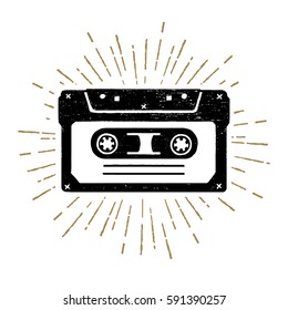 Hand drawn 90s themed icon with a cassette tape textured vector illustration.