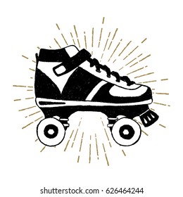 Hand drawn 90s themed icon with roller skates textured vector illustration.
