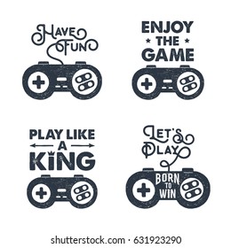Hand drawn 90s themed set of badges with gamepad textured vector illustration and inspirational lettering.