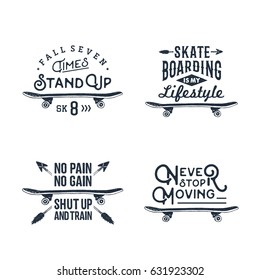 Hand drawn 90s themed set of badges with skateboard textured vector illustration and inspirational lettering.