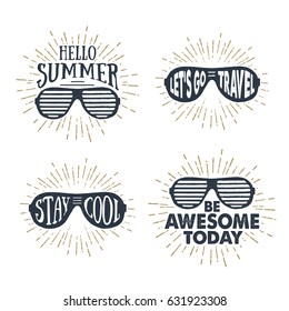 Hand drawn 90s themed set of badges with striped sunglasses textured vector illustration and inspirational lettering.