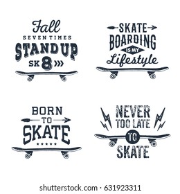 Hand drawn 90s themed set of badges with skateboard textured vector illustration and inspirational lettering.