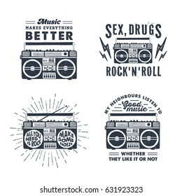 Hand drawn 90s themed set of badges with boombox recorder textured vector illustration and inspirational lettering.