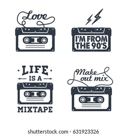 Hand drawn 90s themed set of badges with cassette tape textured vector illustration and inspirational lettering.