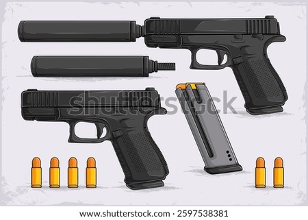 Hand drawn 9mm fire arms with silencers, gun magazine and golden bullets for fighting against the crime